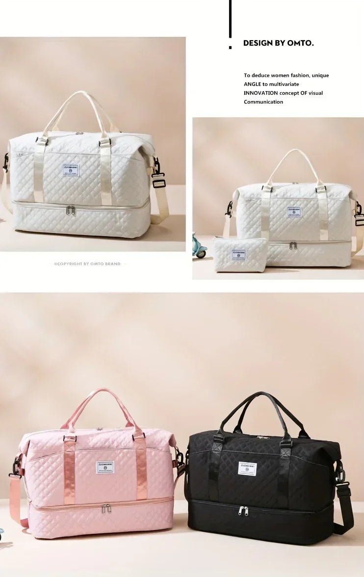 2pcs Set Large Capacity Travel Duffel Bag with Shoe Compartment and Cosmetic Pouch, Casual Nylon Gym Bag, Weekend Overnight Bag